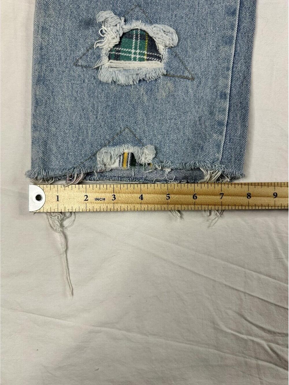 VNT 90s One World Plaid Patchwork Distressed Jeans Size 11 High Rise Straight - Picture 5 of 16